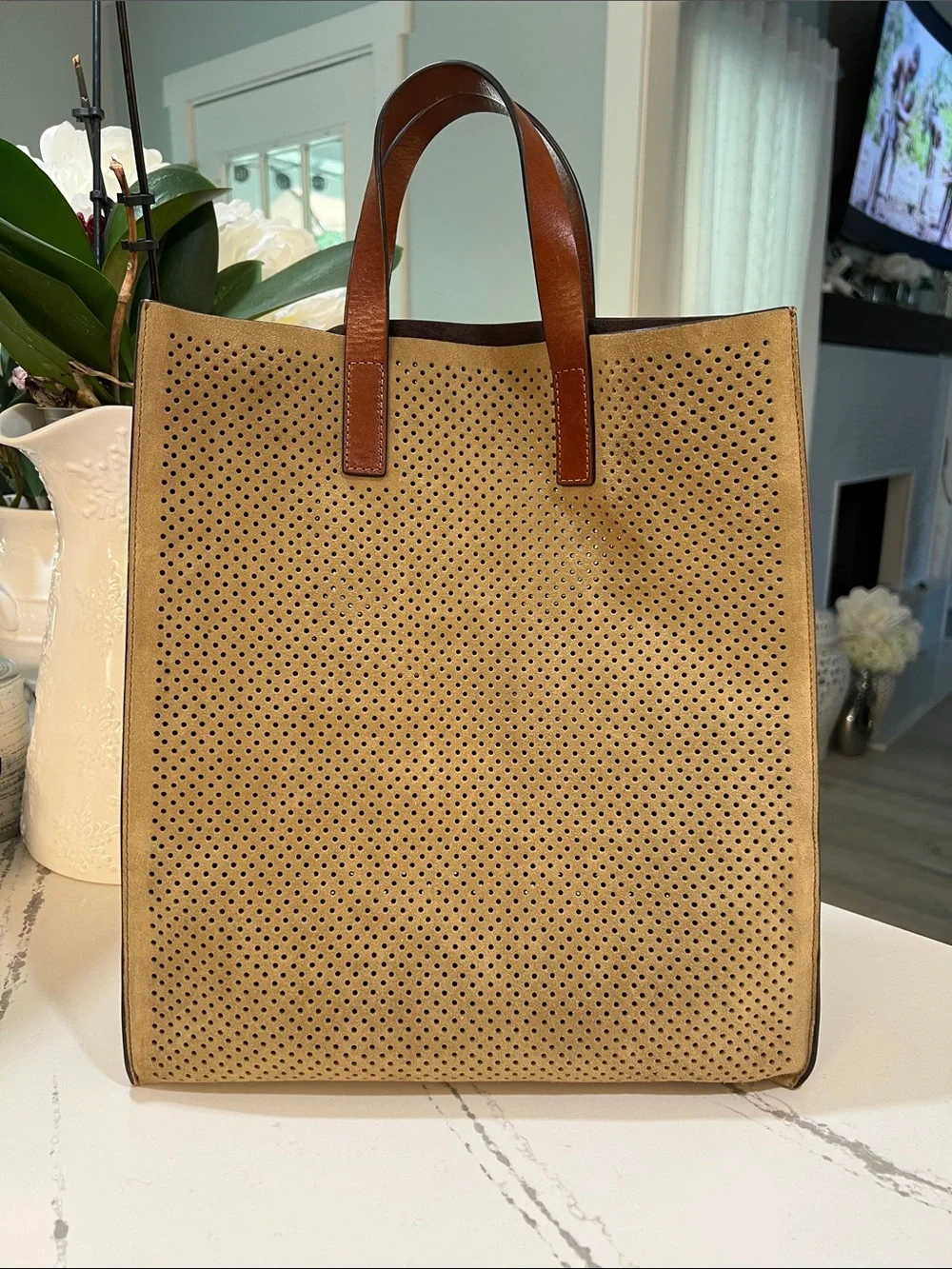 Michael Kors Collection Perforated Suede Tote in Tan with Brown Leather Handles